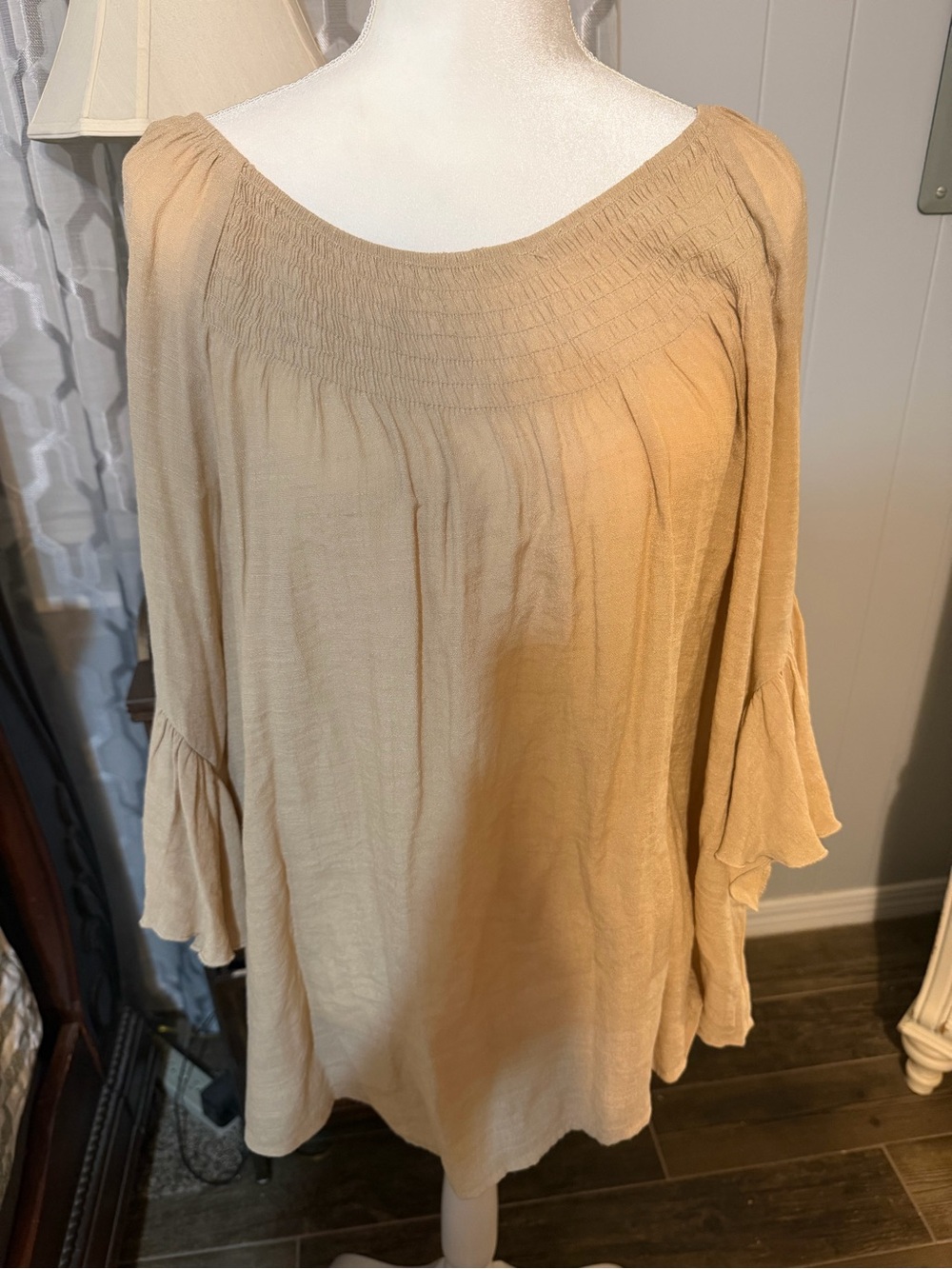 Cato Tan Smocked-Yoke Peasant Tunic